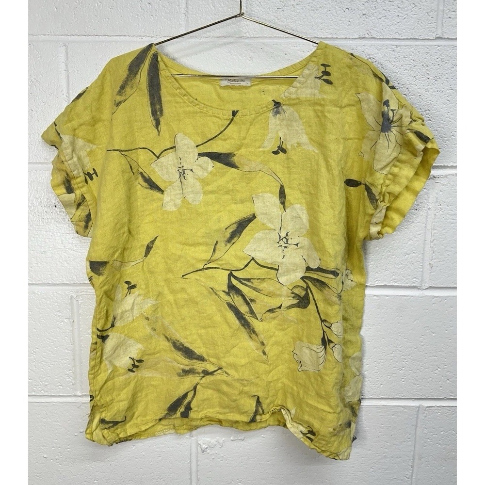 Bellambia Blouse Yellow Floral Linen Artsy Lagenlook / Women's Large